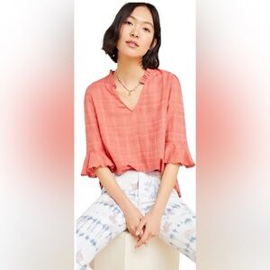 Dolan Anthropologie Top Womens XS Gauzy Cotton Flutter V Neck Ruffle Coral